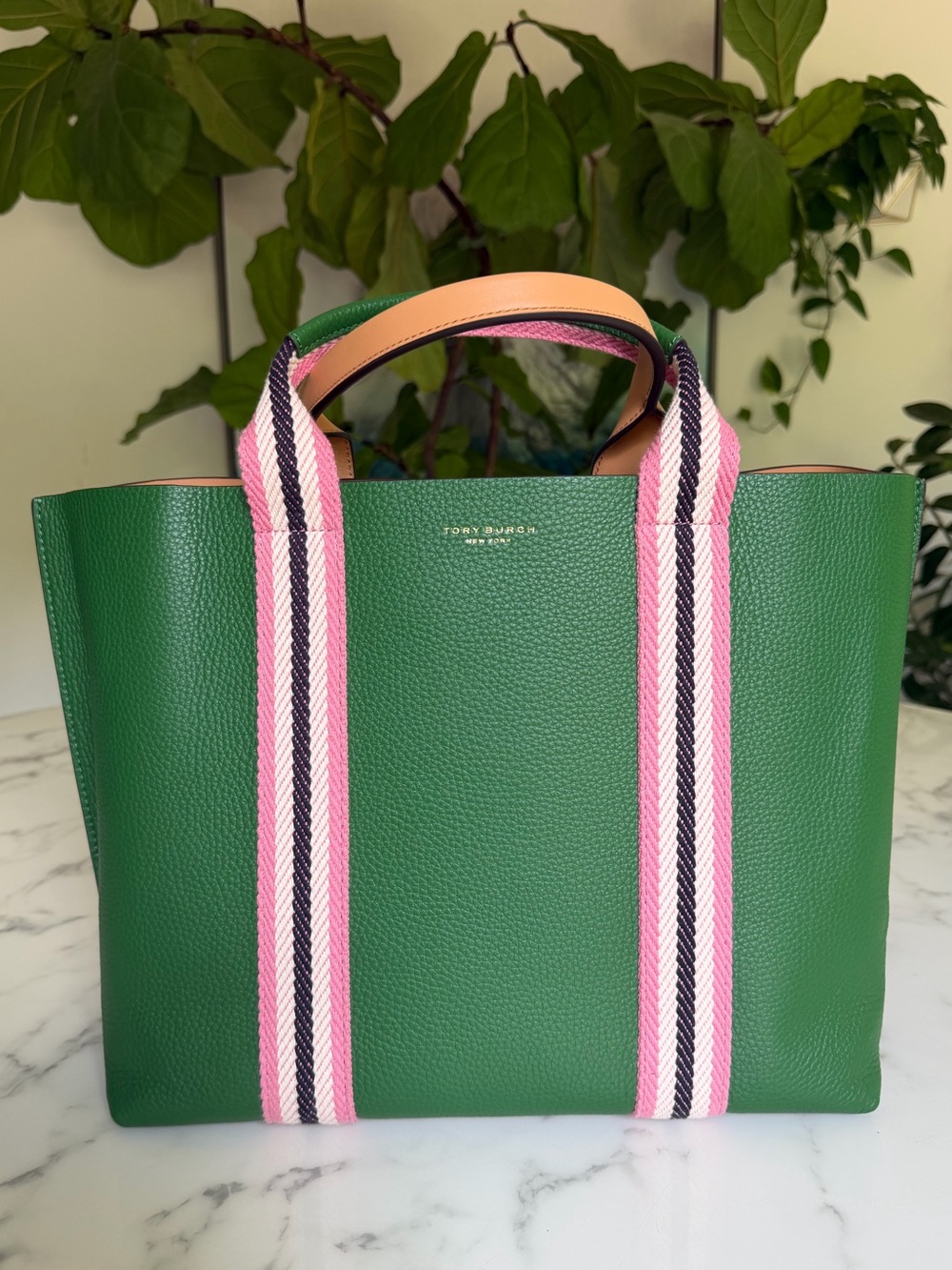 NWT Tory Burch Perry Multi Stripe Leather Triple Compartment Tote Arugula Green - Picture 4 of 16